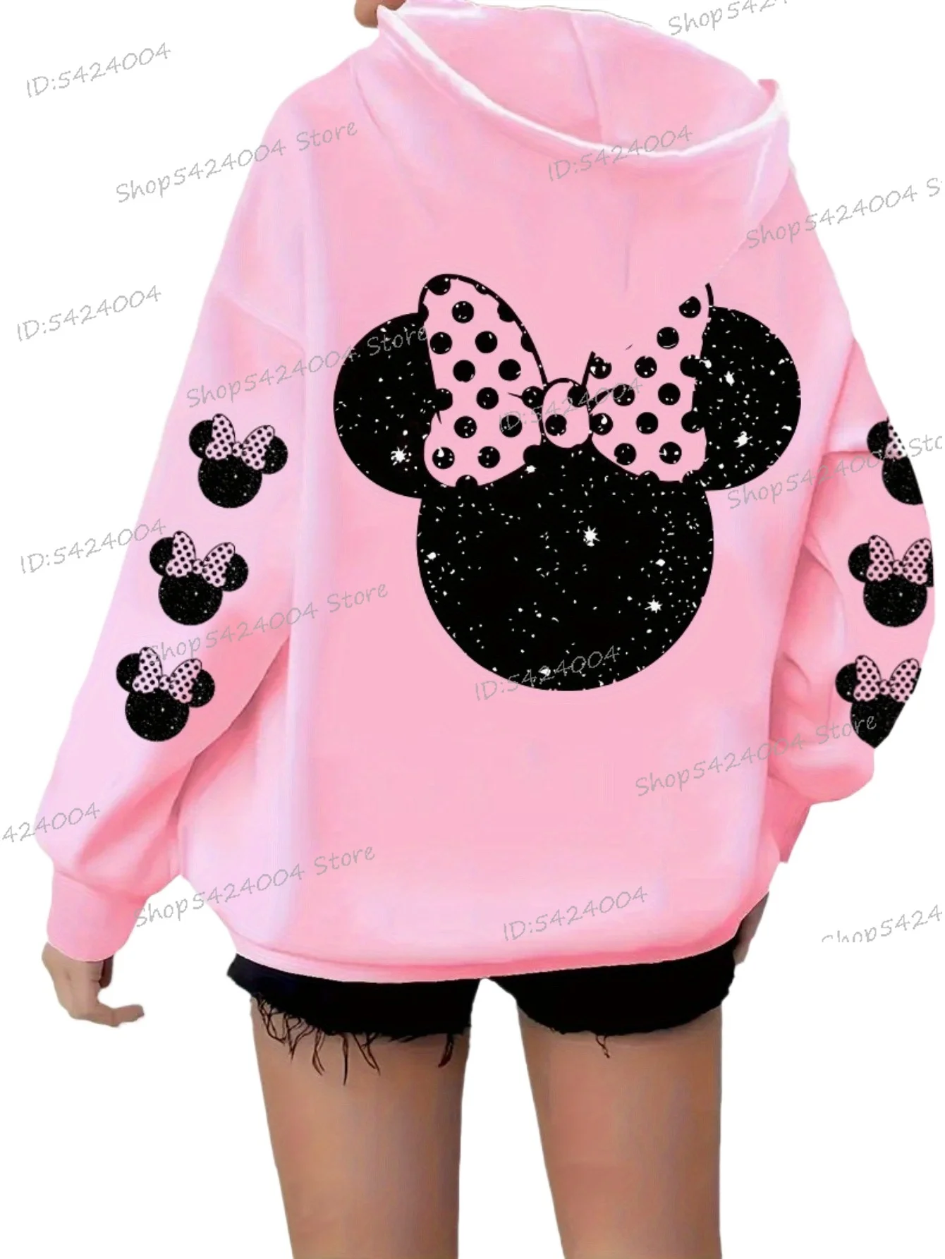 Minnie Mouse Print Hoodie with Pockets Stylish Pink Red Black Adult Casual Hoodies Autumn Winter Hooded Sweatshirt for Women Men