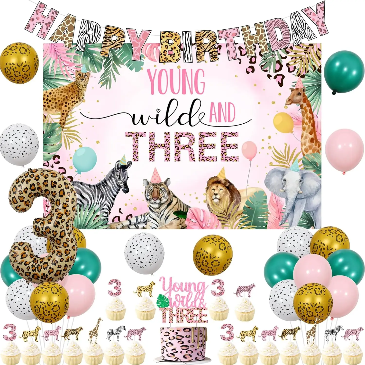 

Young Wild and Three Decor Safari 3rd Birthday Banner Cupcake Toppers Cheetah Number3 Foil Balloon for Jungle 3Year Old Birthday