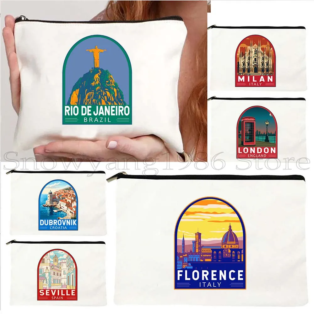 Florence Seville Vienna Amsterdam Milan Italy Bangkok Budapest Denver Spain Seoul Brazil Cosmetic Bag Makeup Pouch Pencil Case