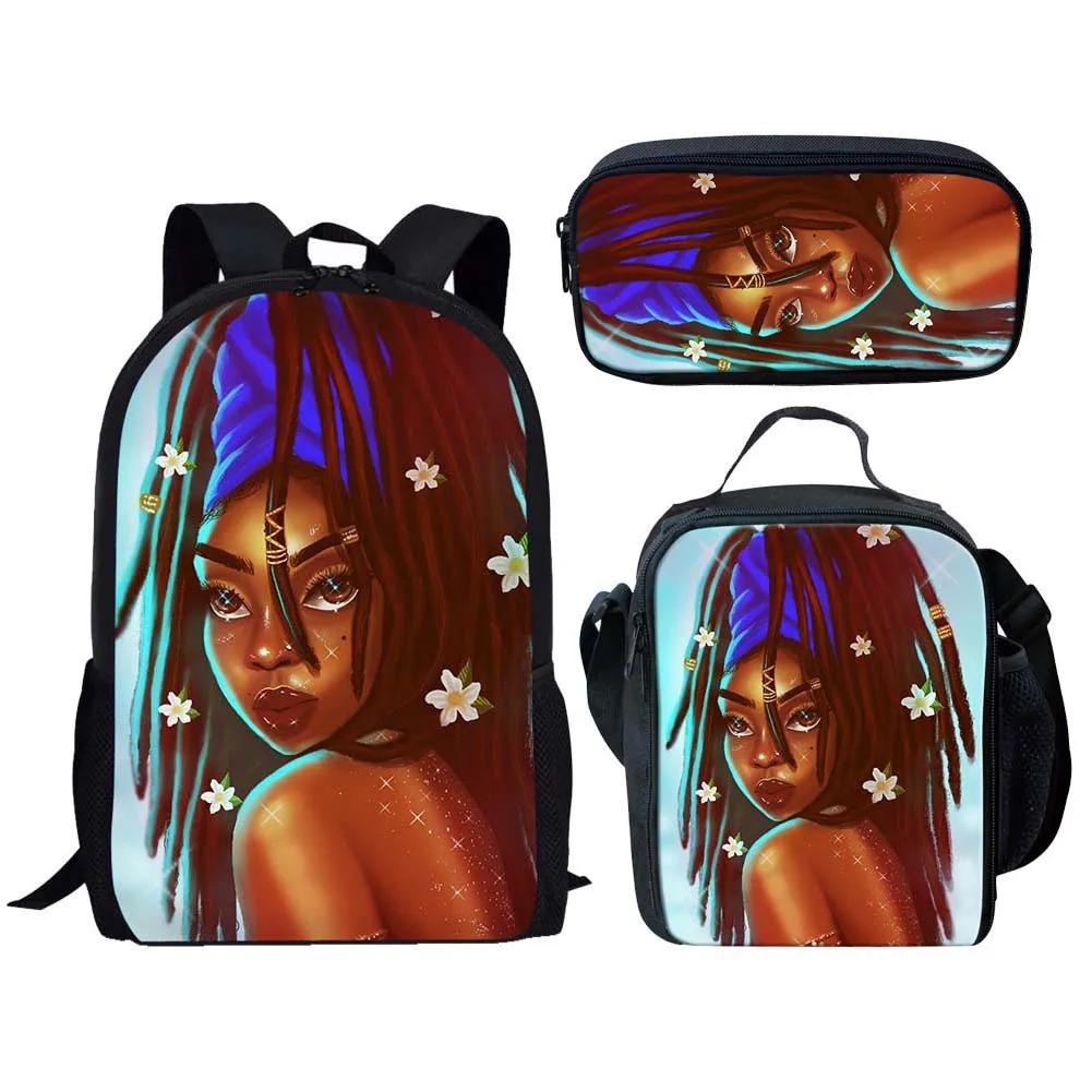 

Popular Youthful Luxury black African Girls 3D Print 3pcs/Set Student Travel bags Laptop Daypack Backpack Lunch Bag Pencil Case