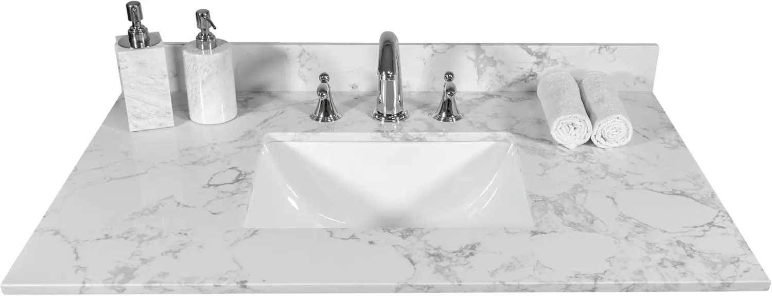 37 Inch Marble Vanity Top with Undermounted Rectangular Ceramic Sink & Backsplash, White Carrara Engineered Stone Countertop