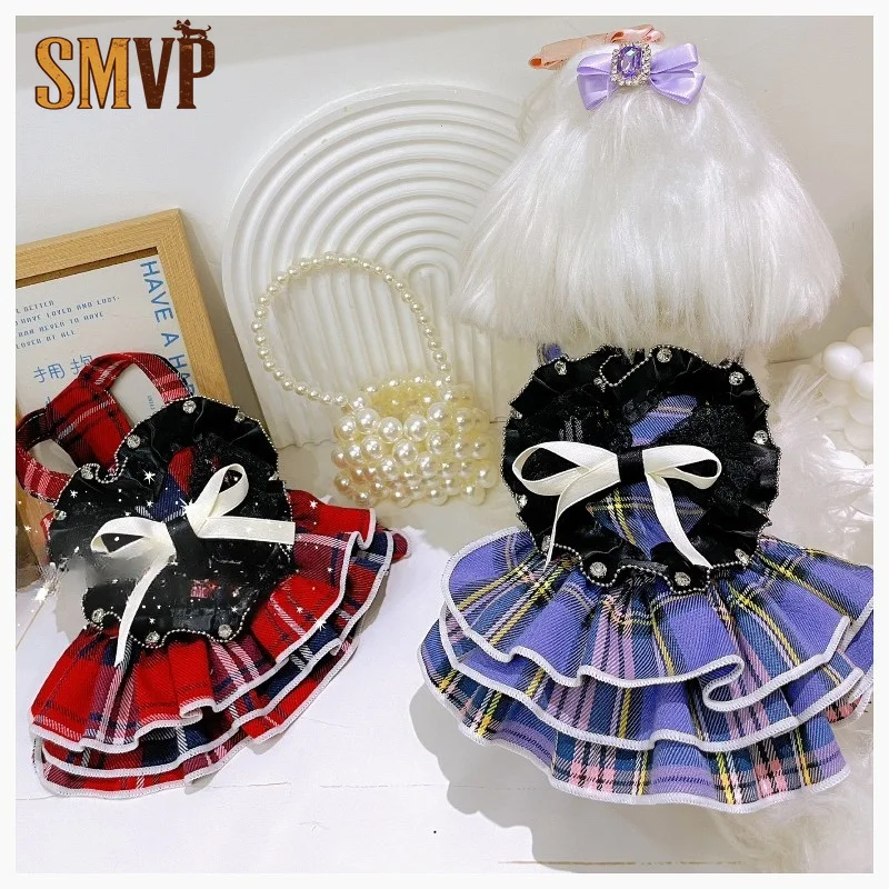 Cute Plaid Delicate Pet JK Princess Dress Lace Ruffle Layered Dress Bow Ornament Adorable Small Pet Summer Daily Photo Costume