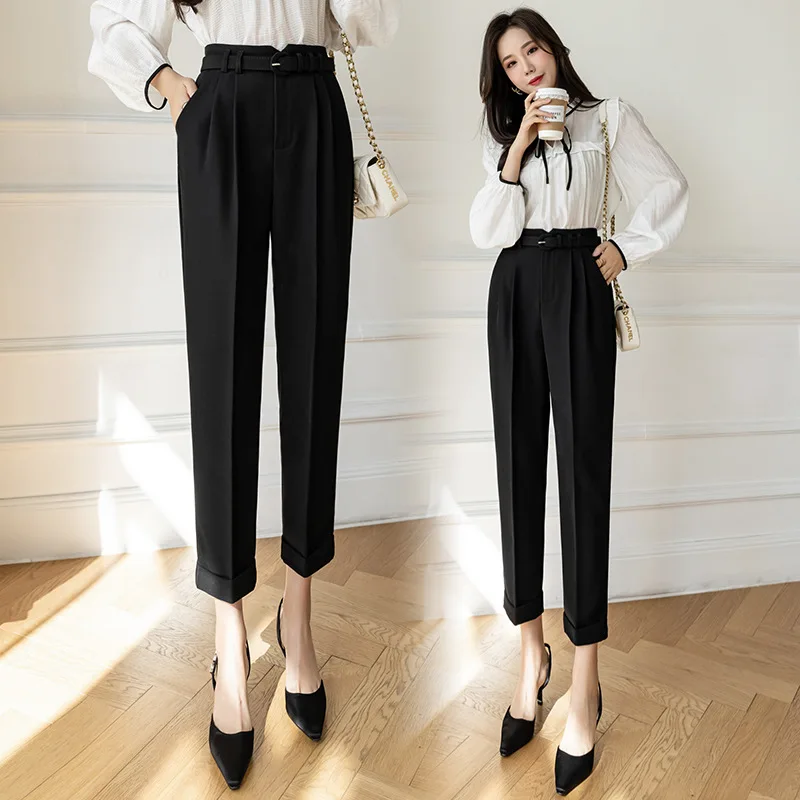 Loose Tapered Pants Women's 2023 Spring/Summer New Harem Cropped Pants High Waist Black Commuter Straight Casual Cigarette Pants