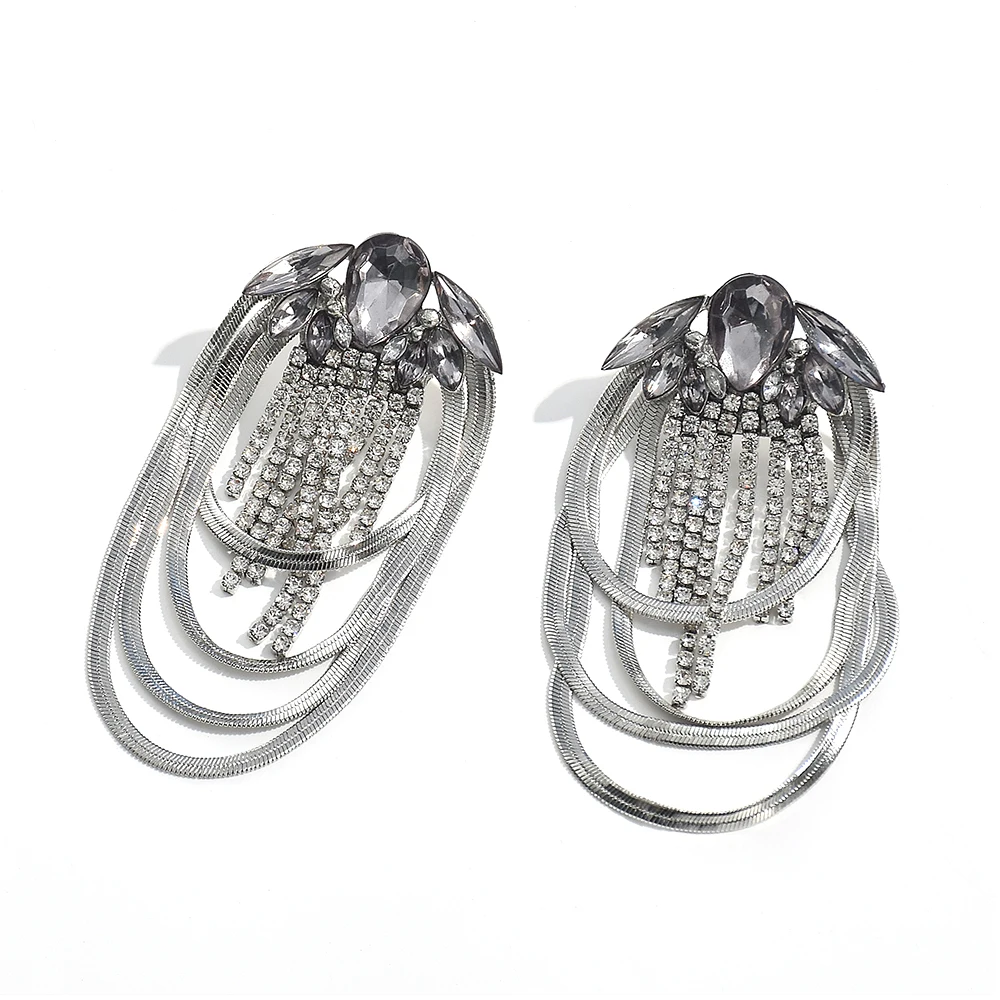 New Design Long Metal Tassels Drop Earrings High-Quality Grey Rhinestone Jewelry Accessories For Women