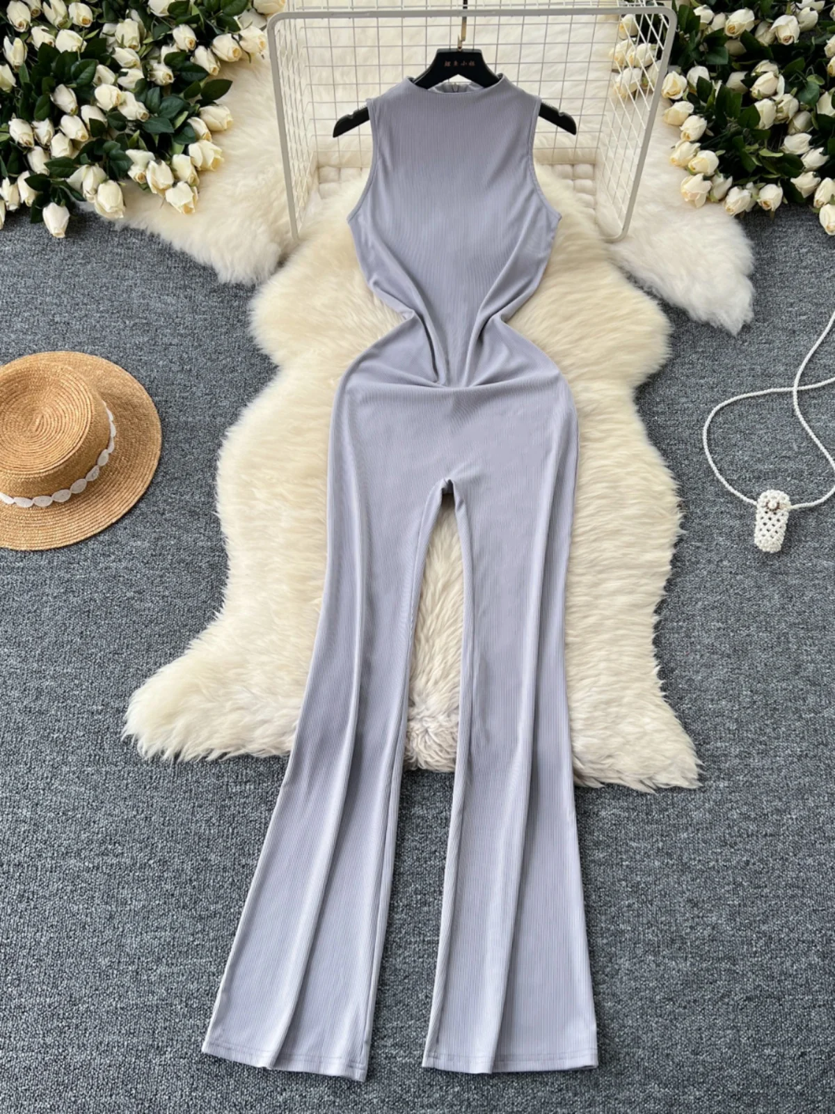 

Foamlina Summer Fashion Women Jumpsuits Solid Color Stand Collar Sleeveless Slim Fit Full Length Pants Rompers Casual Streetwear