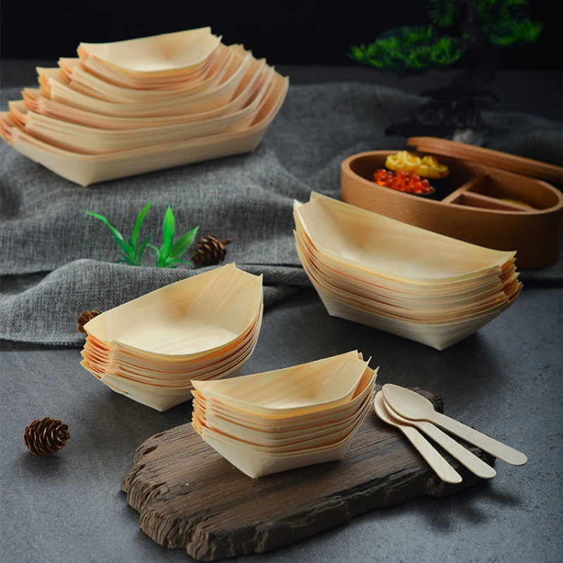 50pcs/set 4/5/6 Inches Disposable Food Wooden Boats Sushi Box Fish Ball Dim Sum Packing Box Creative Disposable Wooden Tableware