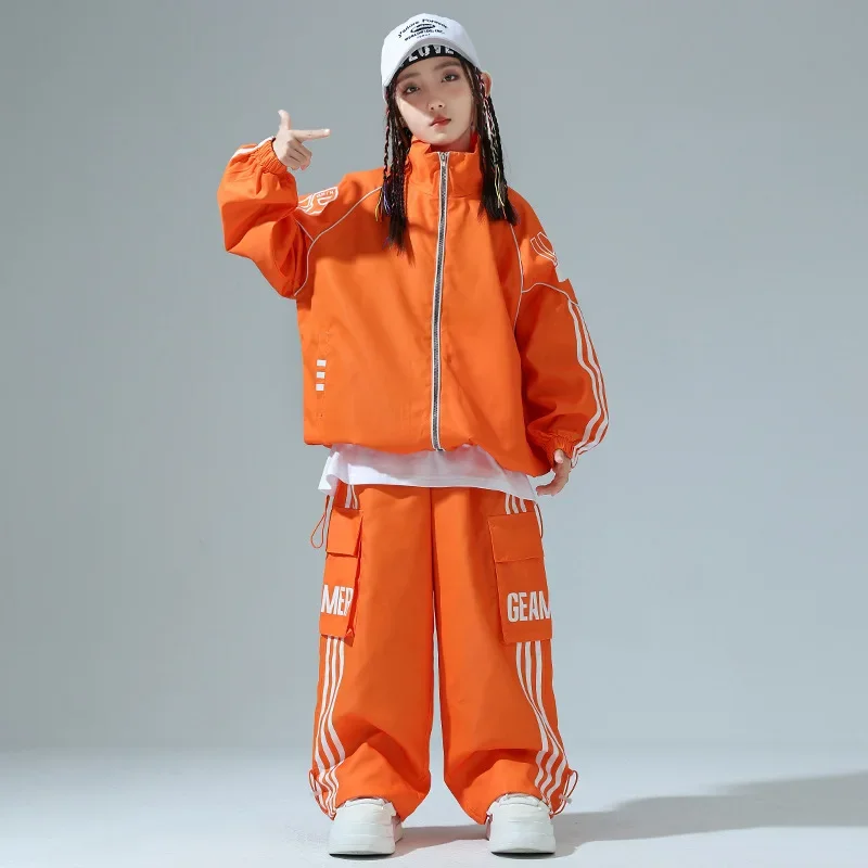 Neue Street Dance Kostüme für Jungen Orange Hip Hop Anzug Mädchen Mode Jacke Hosen Moderne Kpop Outfits Gruppe Bühne Tragen Sets