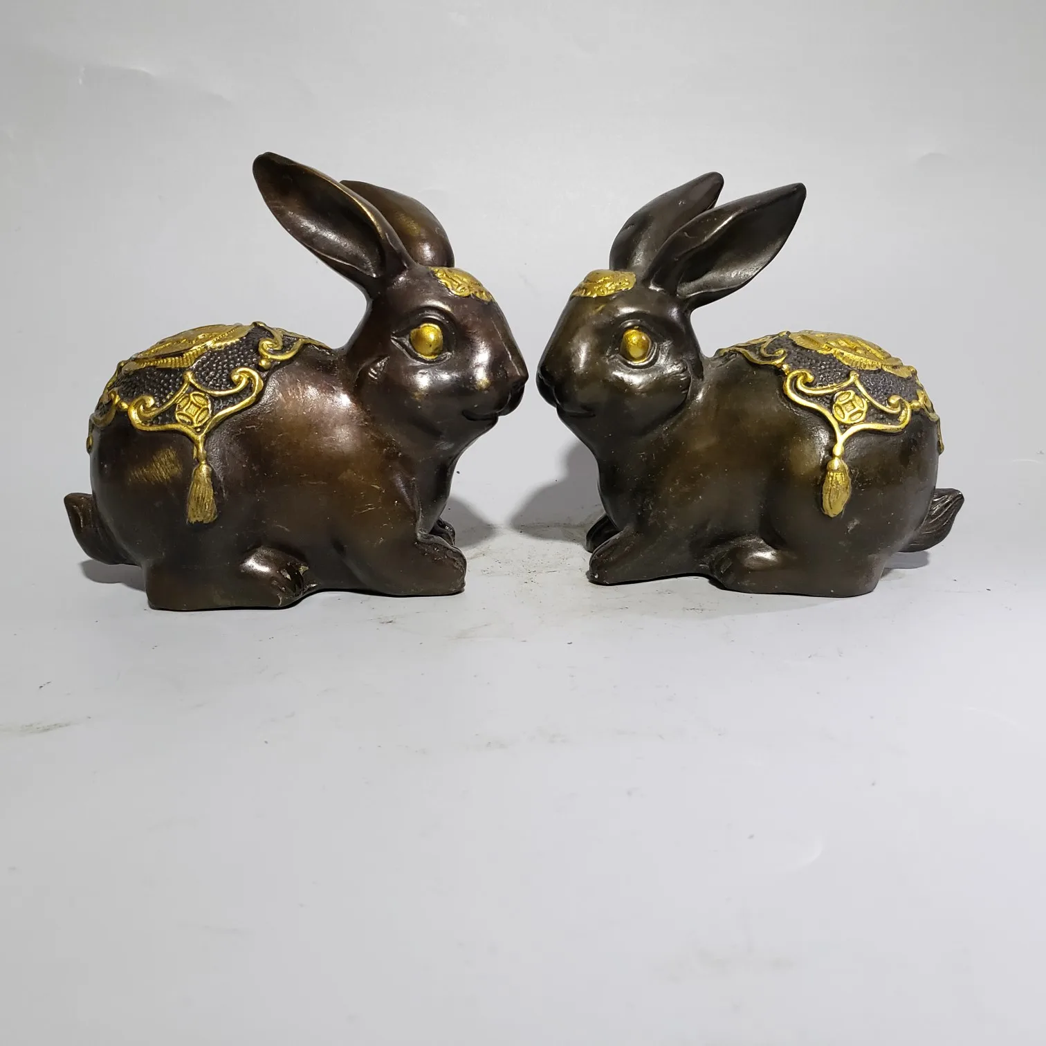 A Pair Chinese Brass Hand Made Wealth Rabbit Statue