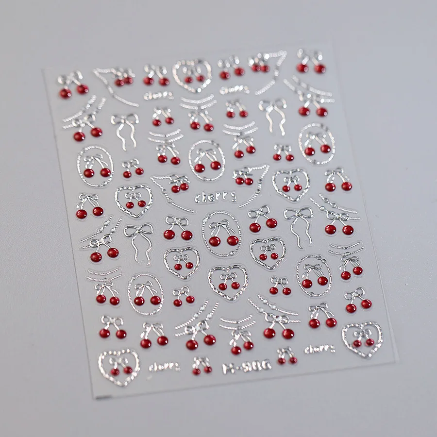 Nail Stickers Light Luxury Hot Stamping Silver Bow Cherry Kid Friendly Self Adhesive Premium Vinyl Glossy for DIY view 6