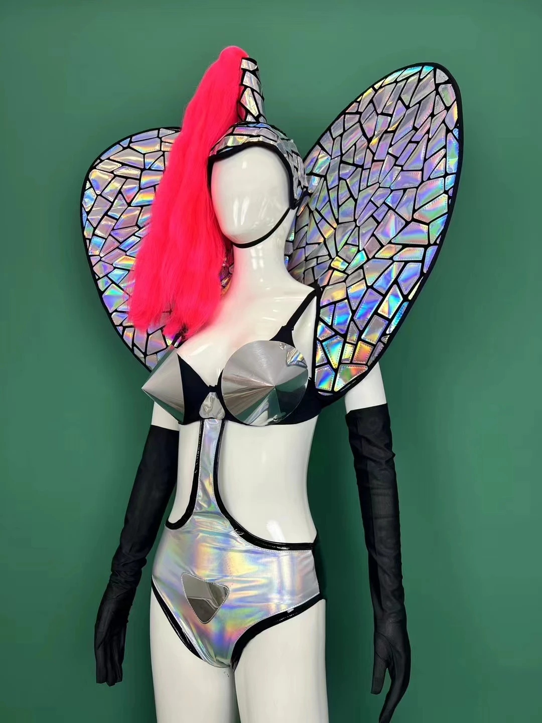 Strój do baru, klubu nocnego, dla kobiet, zespołu gogo, kostium, srebrny laserowy kombinezon z efektem lustra, nakrycie głowy z oświetleniem, strój rave dla piosenkarki, tancerki, na scenę