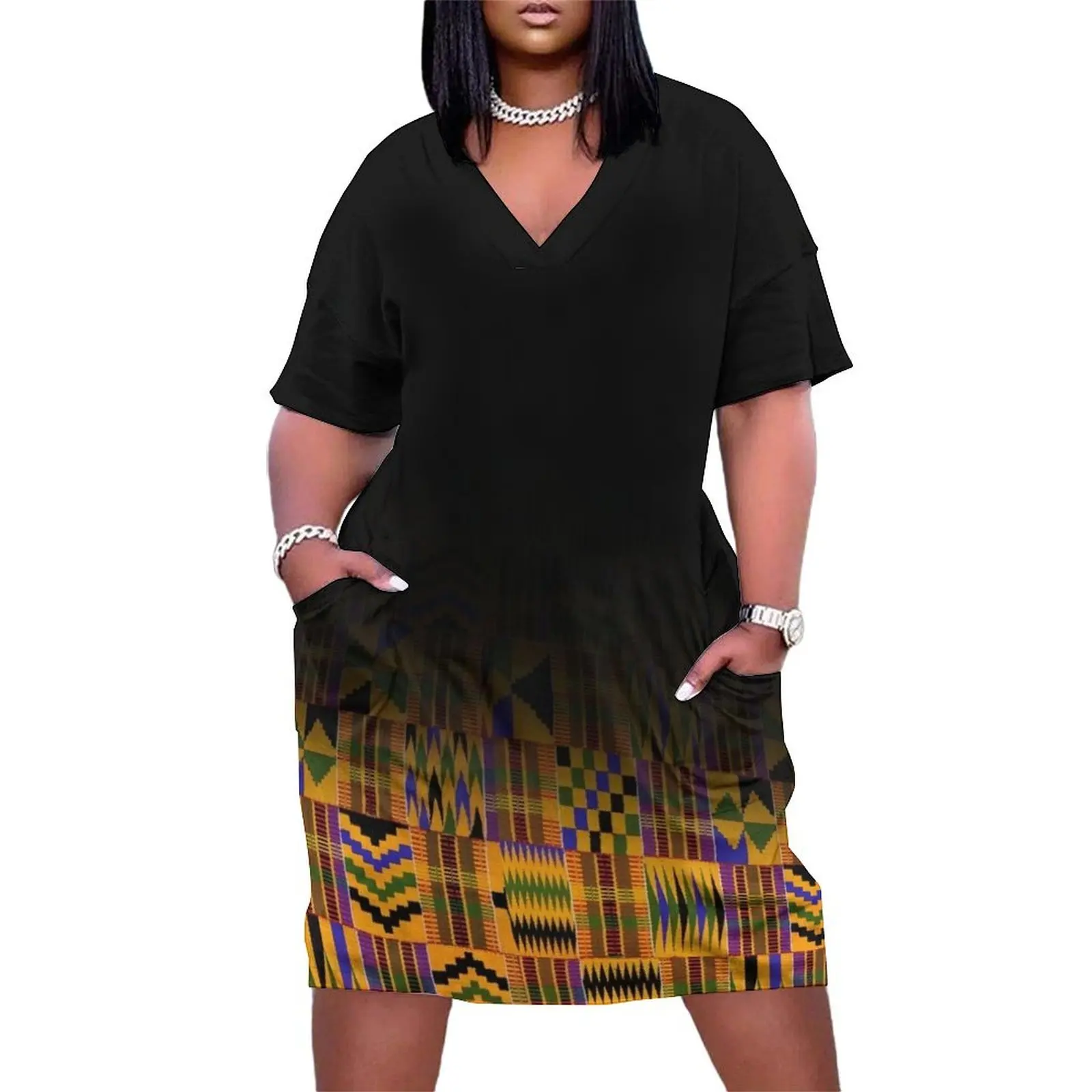 black fading kente print Loose Pocket Dress Women's clothing Women's dresses