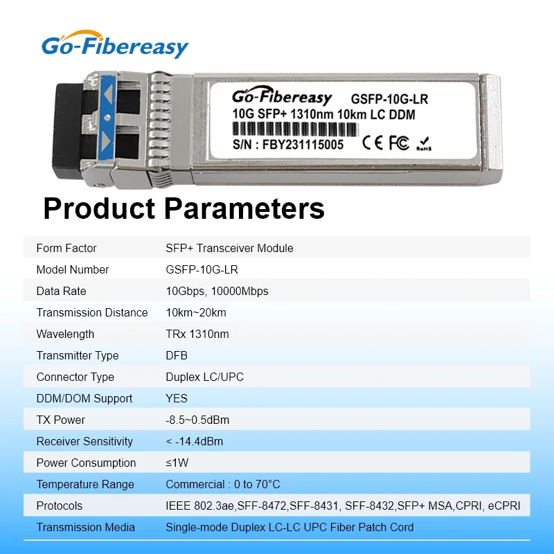 10G LR 10km SFP Transceiver Module SMF 1310nm Duplex LC SFP+ Fiber Optical Module For Cisco SFP-10G-LR,Mikrotik,Ubiquiti Switch