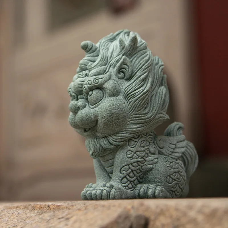 

Chinese-style Rui Beast Lucky Kirin Statuette Green Sand Stone Art Sculpture Home Room, Office, Aquarium Feng Shui Decorations