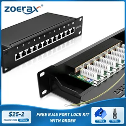 ZOERAX CAT6a 8-Port Patch Panel 10Gbps Shielded Metal Network Panel 1U Rack/Wall Mount Compatible with CAT5e/6/6a/7 Cables