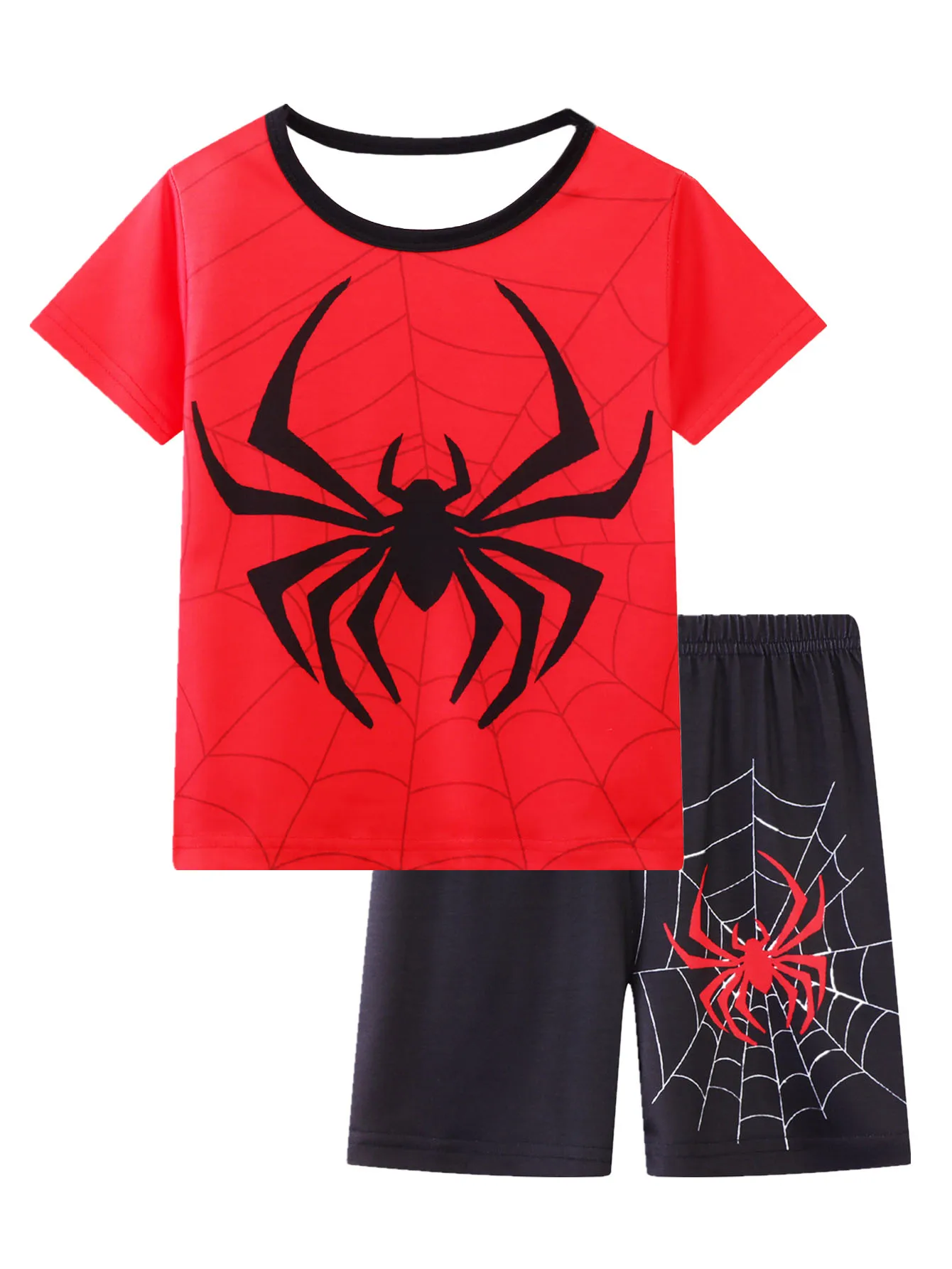 2pcs Boys' Spider Print Cartoon Pattern Short Sleeve Top + Shorts Pajamas Set Children's Loungewear For All Seasons