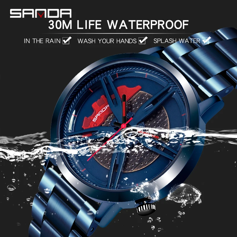 SANDA P1040 New Special Wheel Series Dial Men Watch Steel Strap Hook Buckle Premium Quartz Movement Waterproof Gift Wristwatch