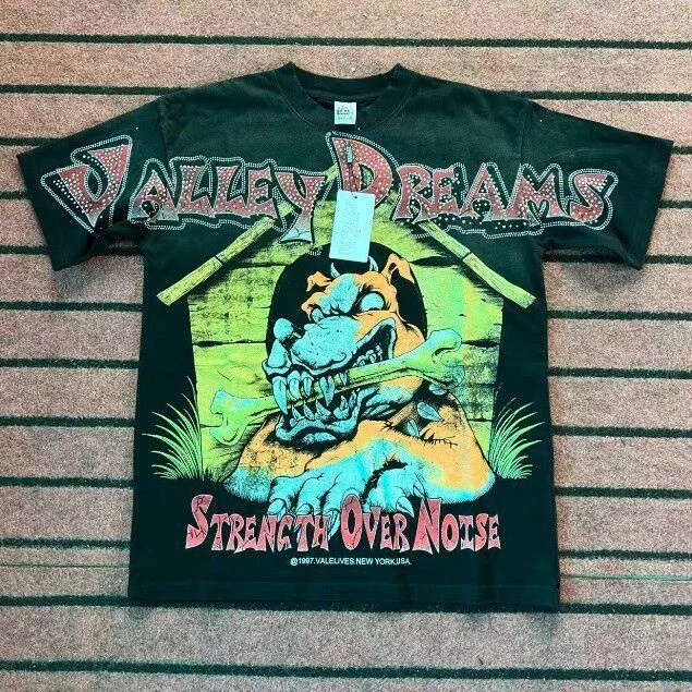 Vale Forever Alley American Streetwear Print Short Sleeve T-Shirt Unisex Loose Washed Vintage High Street Casual Top