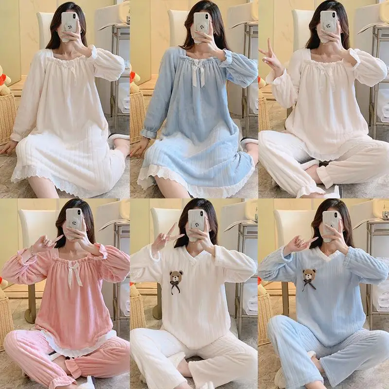 

Sweet Sleepwear Women Warm Autumn Winter Pajamas Sets Flannel Loungewear Nightwear Long Sleeve Thick Women's Clothing Trends