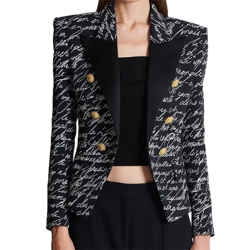 

​​2025 New Women's Black Suit with White Handwritten Text Gold Buttons Double Breasted Jacket Graphic Print Office Blazer​