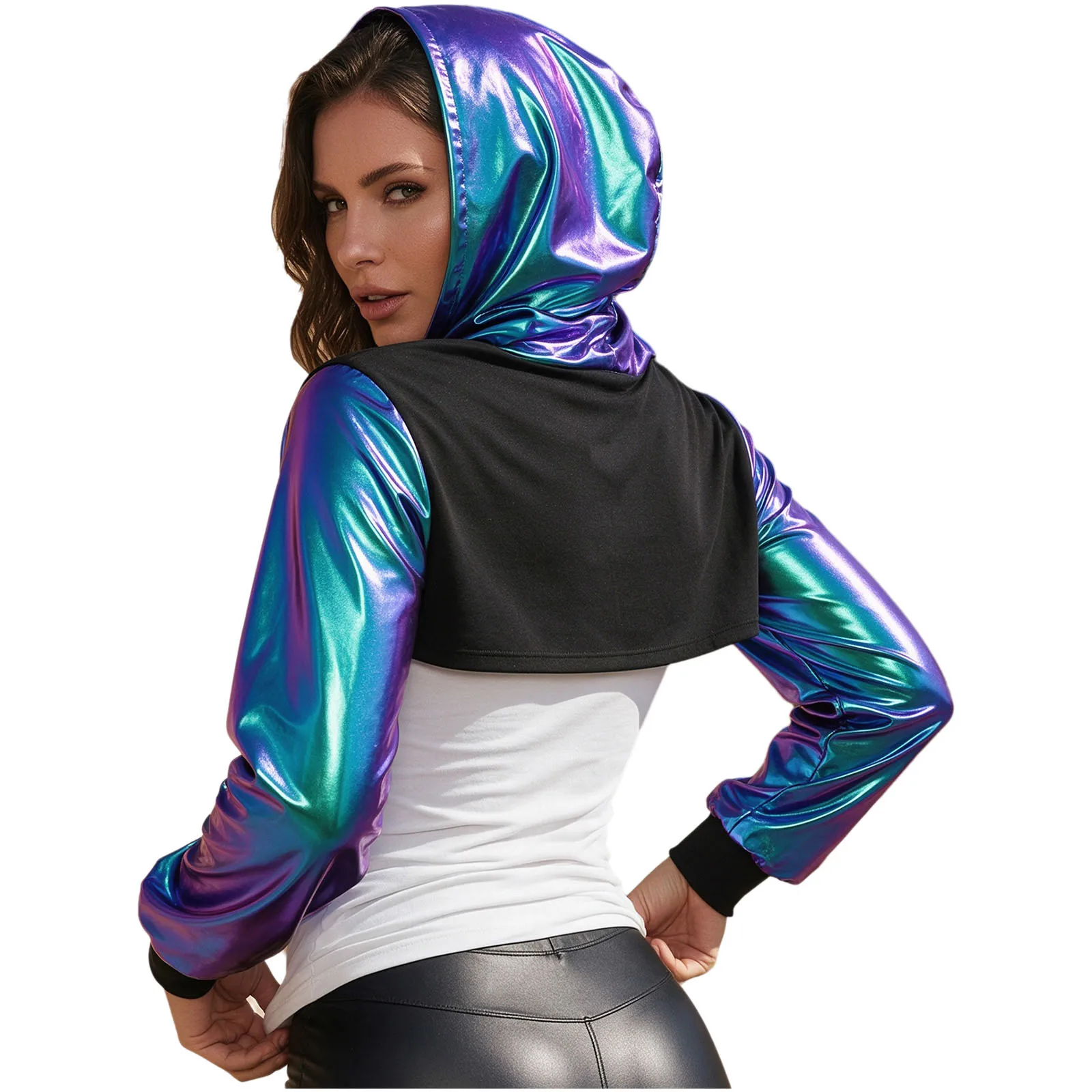 Women Shiny Metallic Splice Hooded Crop Top Long Sleeve Super Hoodie Cropped Bolero for Festival Rave Dance Performance Costume