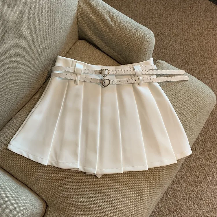 Women Pleated Mini Skirt with Dual Heart Belt for Teen-girl High Waist Tennis Skirt Preppy Summer Y2K Outfit