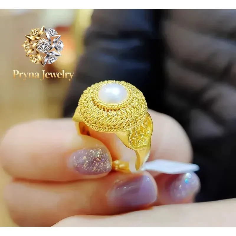 Pryna Jewelry  Boutique 24K real gold New Chinese retro silk Pearl Ring au9999 Gold ancient fashion ring index finger ring