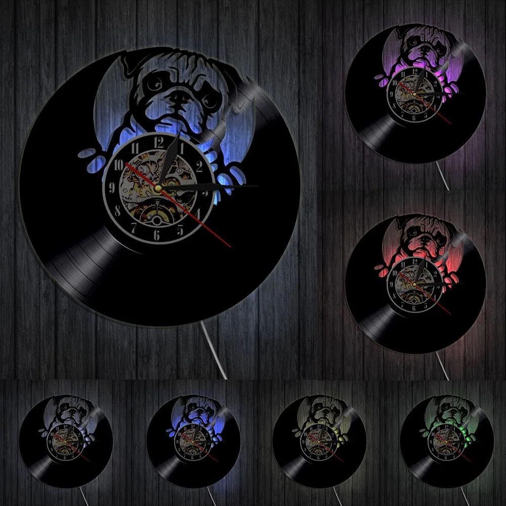 Cute Pug Dog Vinyl Record Wall Clock Puppy Pet LED Night Light Vintage Laser Cut Silhouette Clock Dog Owner Home Decor Gift