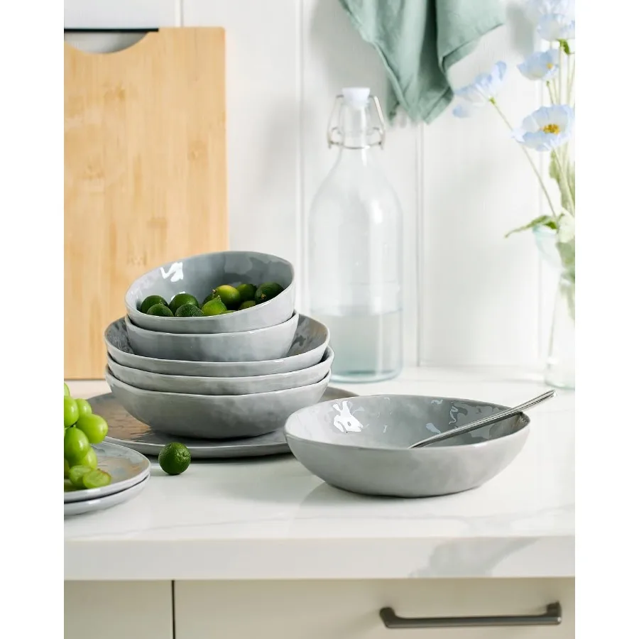 طقم أطباق وأطباق مطبخ حديثة من البورسلين تتسع لـ 6 أشخاص أواني طعام مصنوعة يدويًا بحافة مموجة مع ميكروويف أنيق باللون الرمادي ود #5