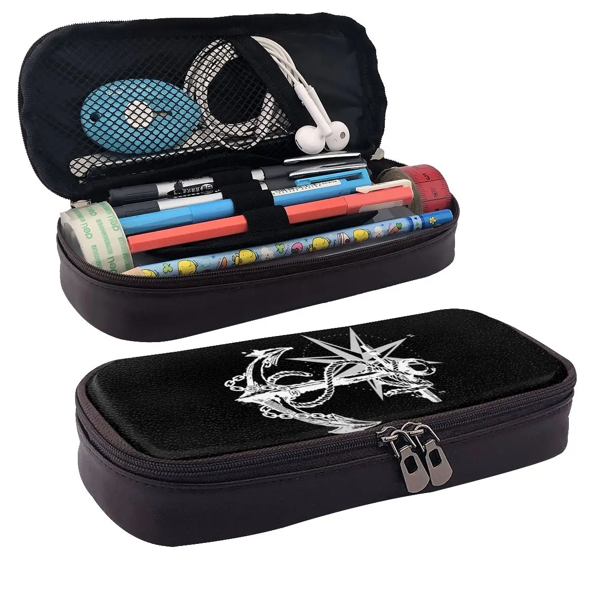 Nautical Compass Captain Anchor Boat Leather Pencil Case Pencil Pouch Storage Large Capacity Pen Box Pencil Bag for Kids School