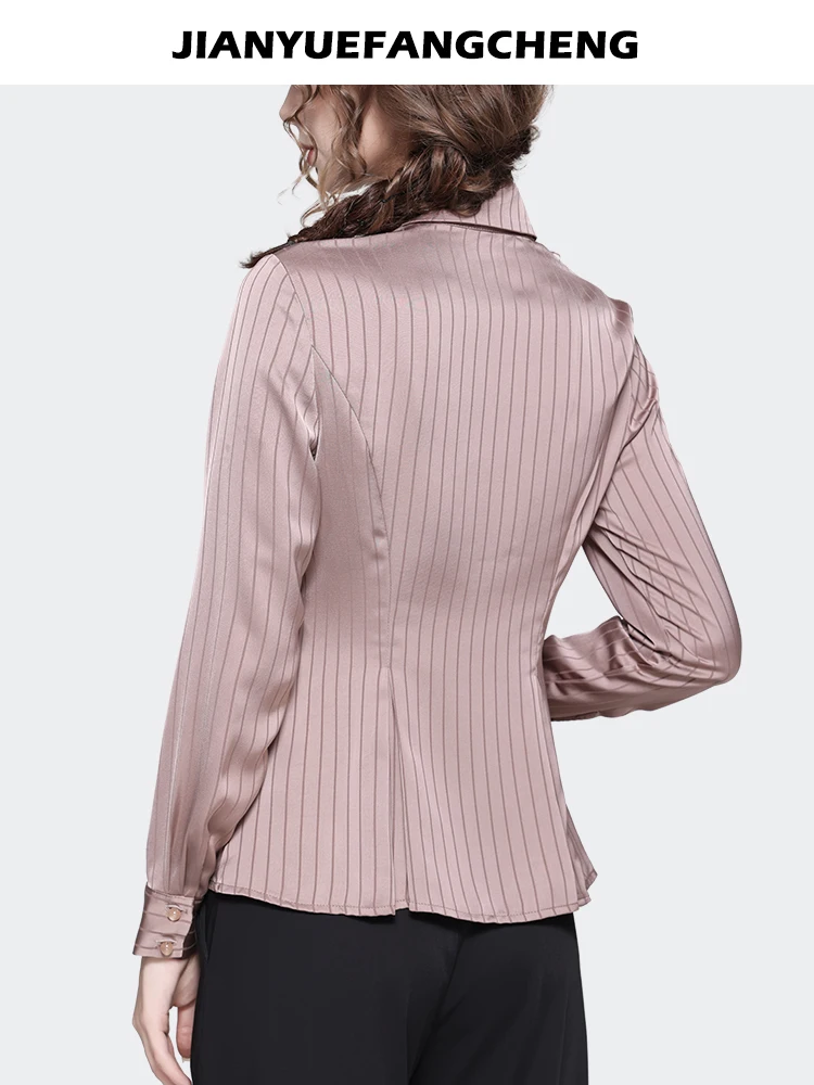 Lapel Collar Striped Pink Satin Top Women\' Long Sleeve Asymmetrical Button-down Shirt 2024 Spring New Fashion Office Blouses