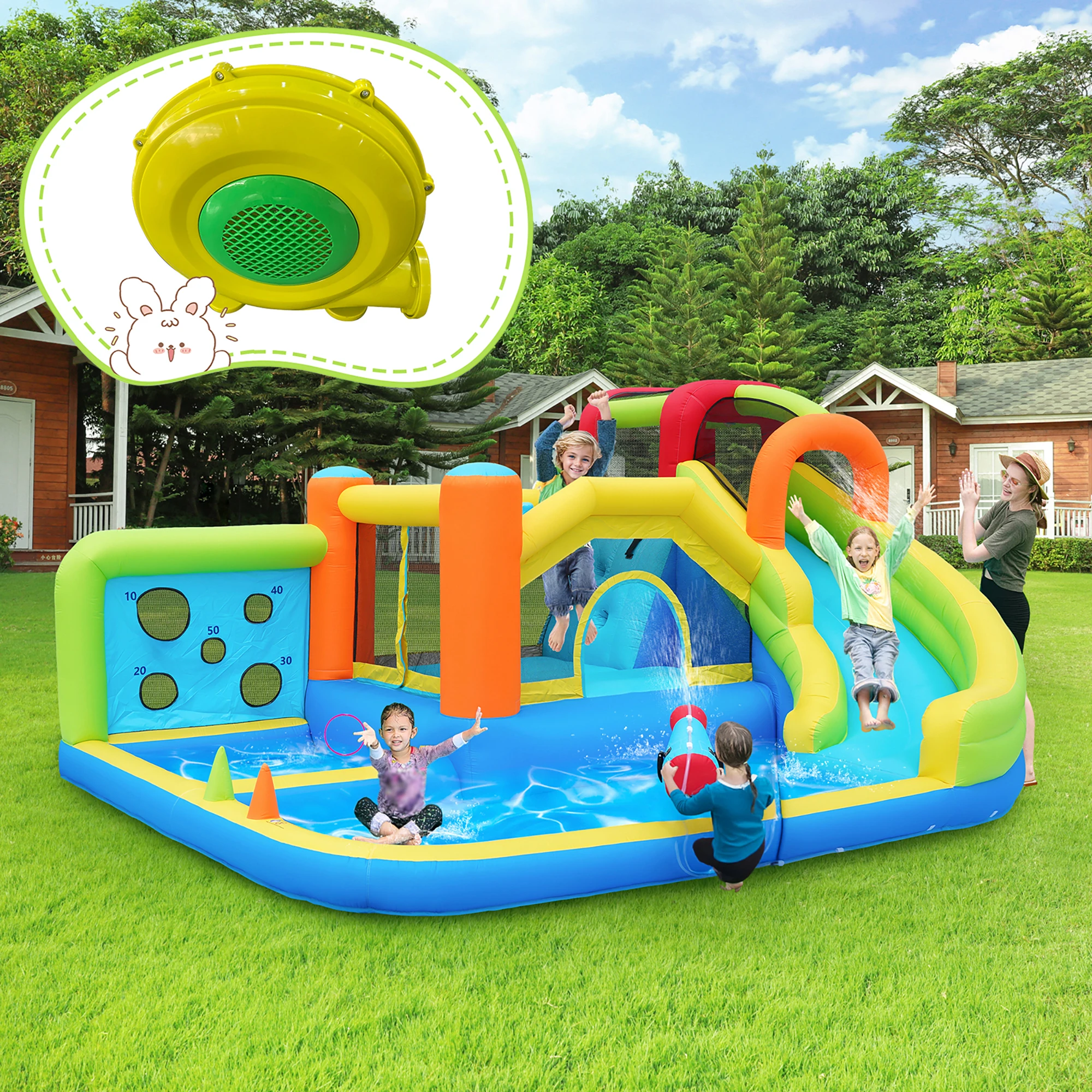 Multifunktionales Kinder-Spielcenter Wasserpark Trampolin-Kombi mit Wasserrutsche, Kletterwand, Wurfwand & Basketballkorb