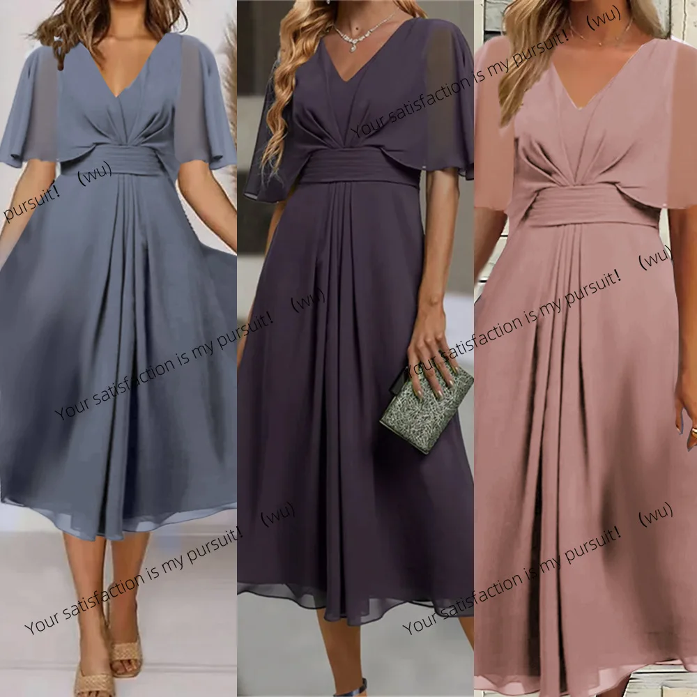 

ZOCI-Women's new summer dress with belt, European and American fashion style, solid color, V-neck, casual and elegant dress