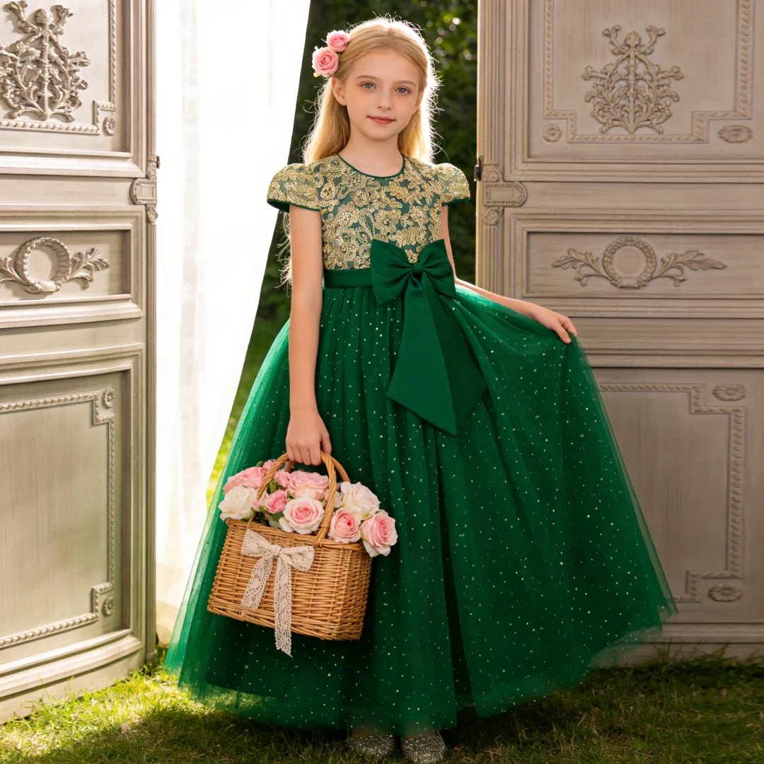 Girls Flower Embroidery Party Dress Kids Big Bow Long Wedding Bridesmaid Prom Gown Girl Fashion Lace Birthday Clothes Costumes