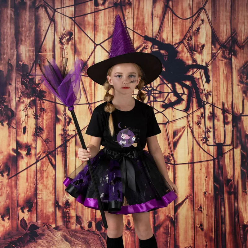 Nieuwe Halloween Gedrukt Mesh Rok Heksenhoed Bezem Gezwollen Rok Driedelige Set Voor Meisjes Cartoon Up Korte Rok Cadeaus voor Kinderen