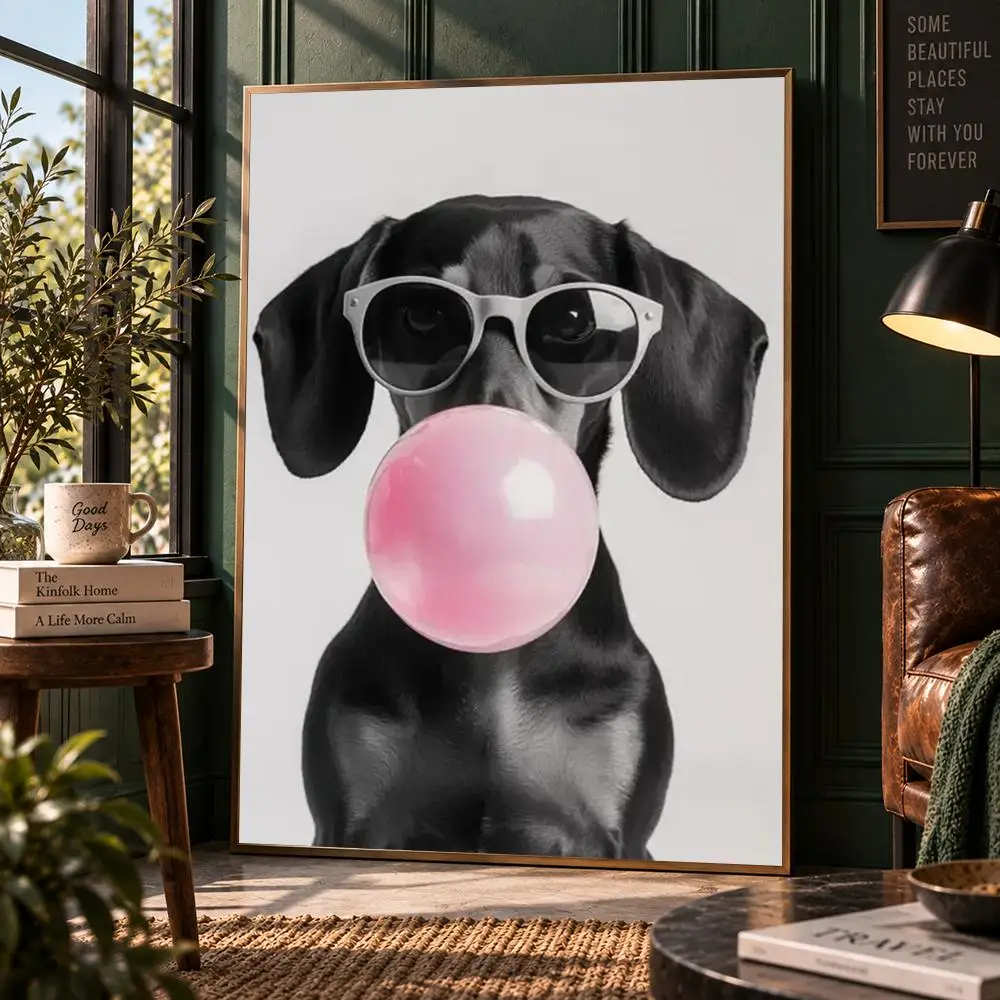 Dachshund Bubble Gum Poster Funny Wiener Dog Wall Art Pop Art Black White Home Decor Poster HD