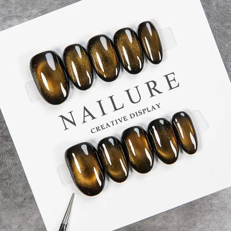 Vintage Amber Gold Cat Eye Press On Nails,Luxury Vibe Short Oval False Nails,Removable Reusable Trendy Popular Manicure Nail Tip