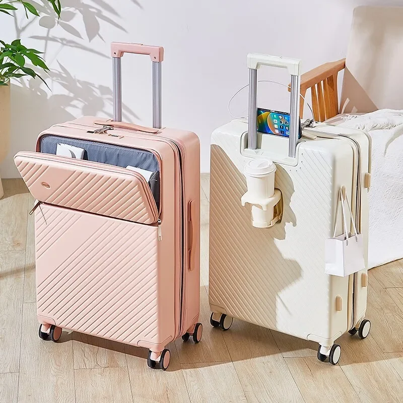 20 22 Boarding Box Expandable Rolling Luggage Travel Suitcase Large Capacity Trunk Student Trolley Case Cup Holder USB Charging