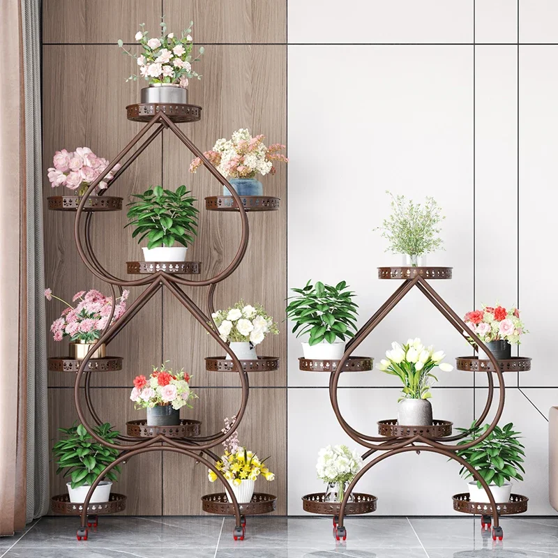 

European Iron Art Planter Stand: Multi-layer Flower Holder with Wheels, Heart Shaped Shelf, Living Room Plant Rack