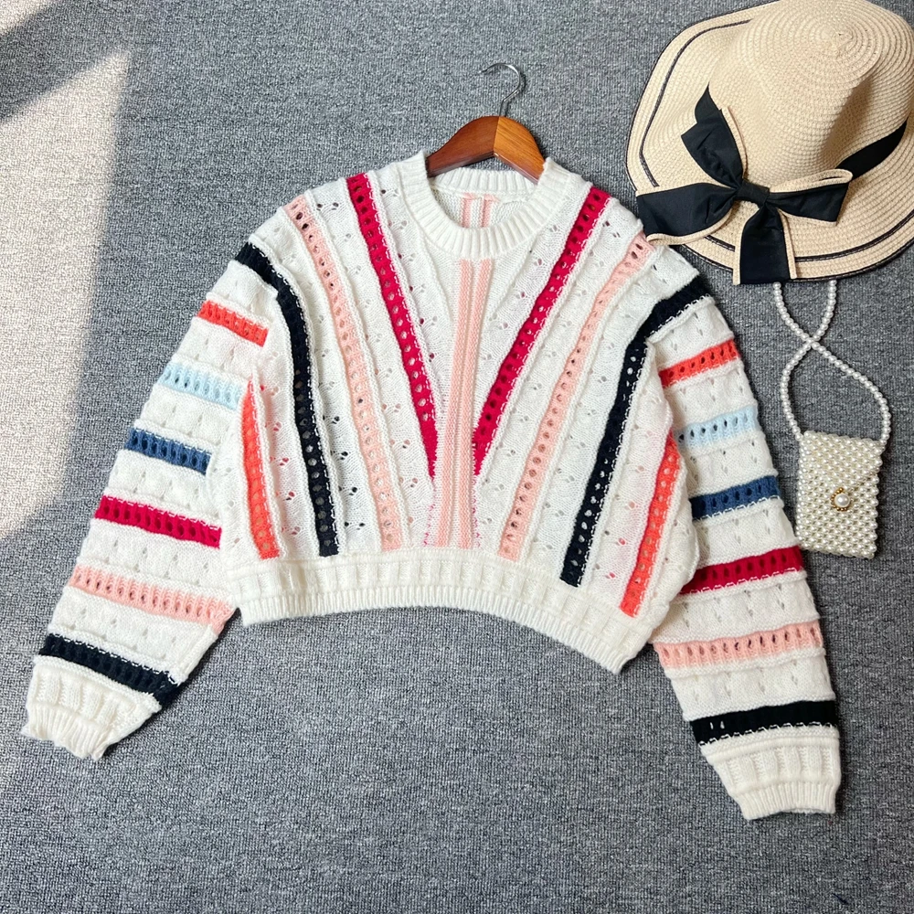 

YuooMuoo Ins Fashion Y2K Colorful Stripes Knitted Tops Woman Openwork Stitching Long Sleeve Pullover Sweaters Autumn Lady Shirts
