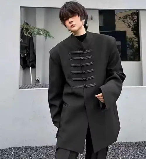 

Весна 2025 года, куртка с воротником-стойкой и пуговицами, модный однотонный мужской пиджак в китайском стиле, новая мужская одежда