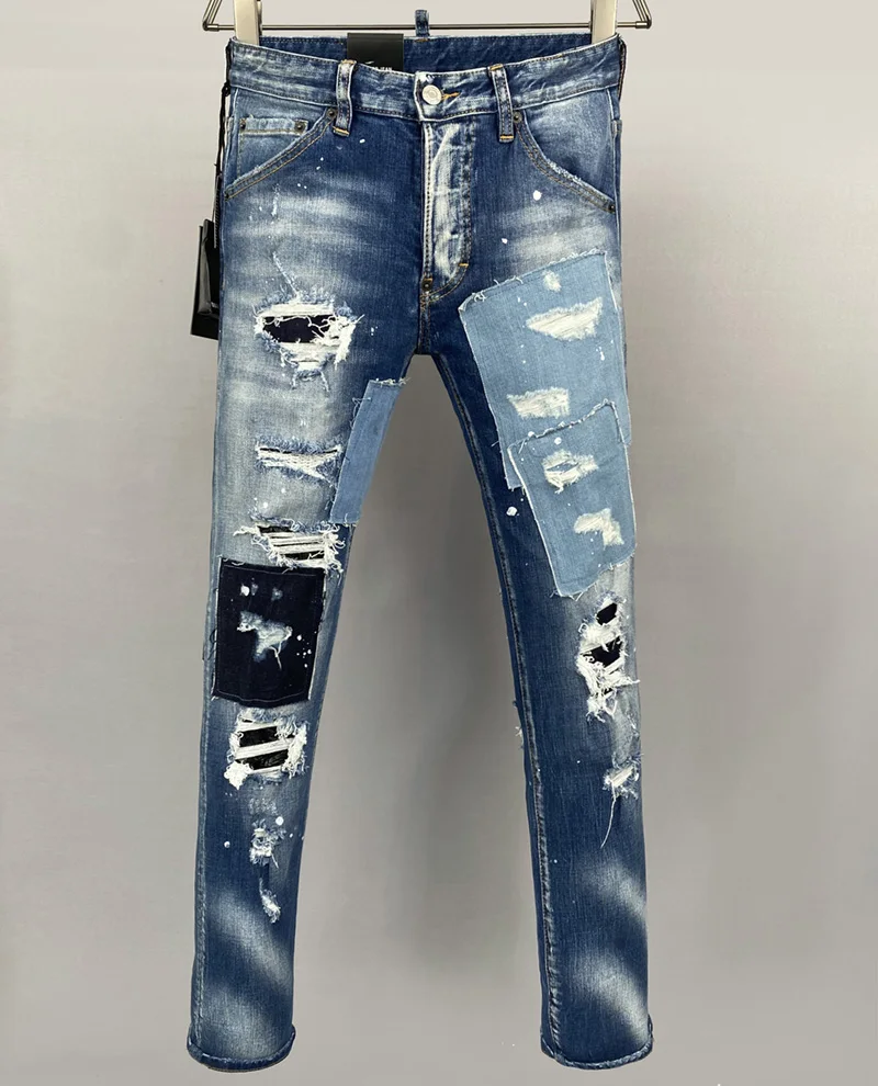 new design D2 Men Jeans Printed Coolguy Long Pants Straight Multiple Pockets Hole SLIM blue top quality DSQ2 jeans pant