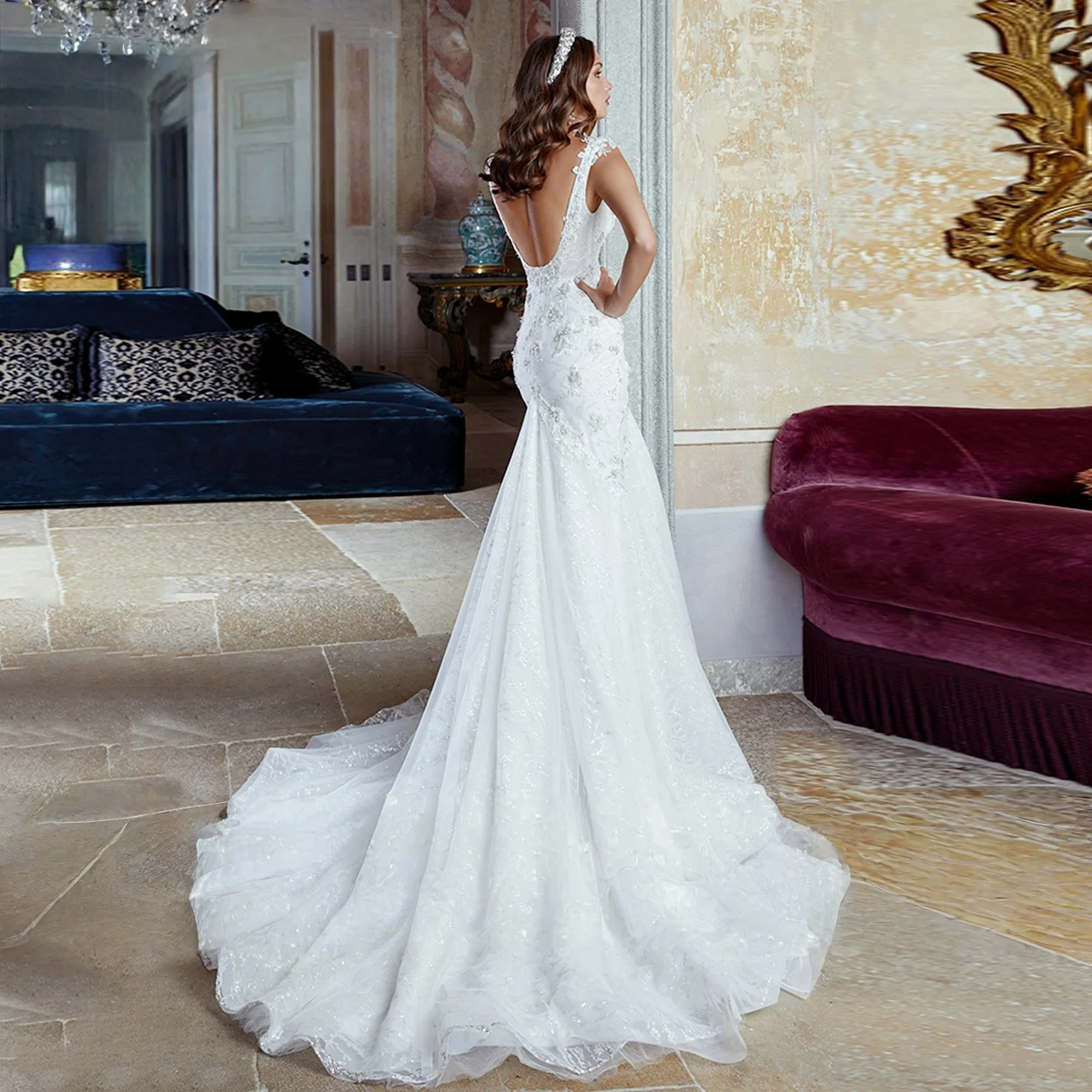 Backless Wedding Dresses Mermaid V-neck Appliques Lace Boho Bridal Gown Saudi Arabic Dubai Islamic Vestido De Noiva Customized