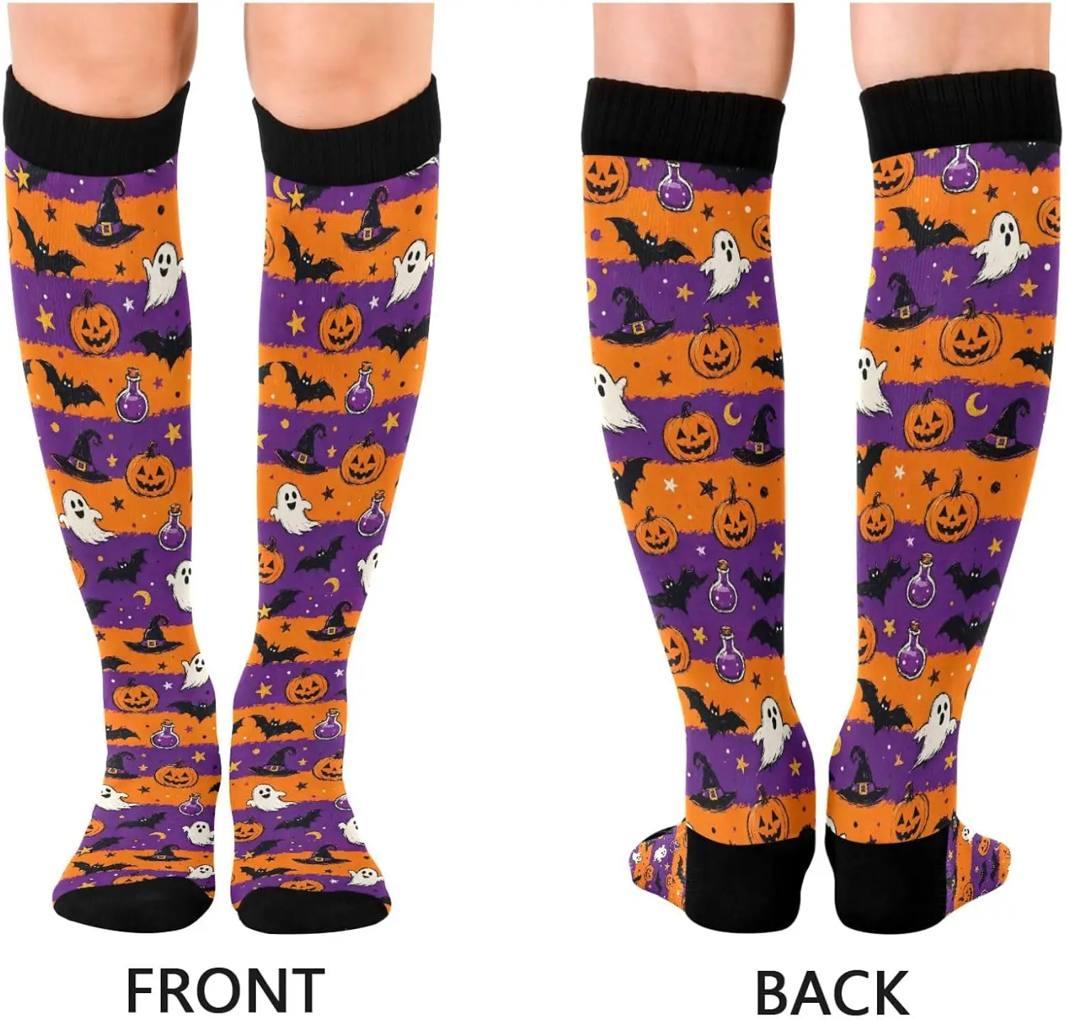 Halloween Ghost Pumpkin Bat Print Compression Socks for Women Long Knee High Socks 2 Pairs
