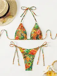 Tropical Print Bikini Set Women's 2 Piece Swimsuit Sexy Triangle Halter Backless Thong Swimwear Beach Vacation Wear 2025 New