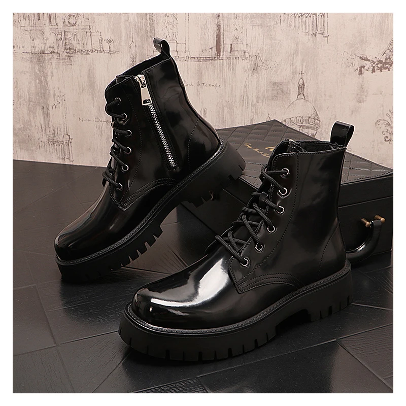 

men casual stage nightclub patent leather boots black stylish platform boot cowboy high boot spring autumn long motorcycle botas