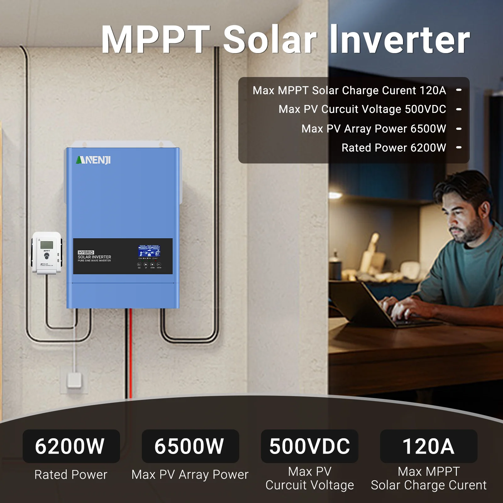 6.2KW 4KW Solar Hybrid Inverter Solar Inverter On Grid Off Grid Built-in 120A/100A MPPT Solar Charge Controller For PV 60-500VDC