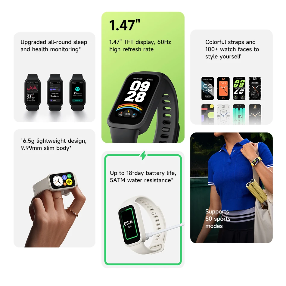 XIAOMI MI BAND 9 ACTIVE GLOBAL VERSION SMART BRACELET 9 ColOR 1.47"TFT DISPLAY 50+ SPORT MODES BLOOD OXYGEN MONITOR WRISTBAND