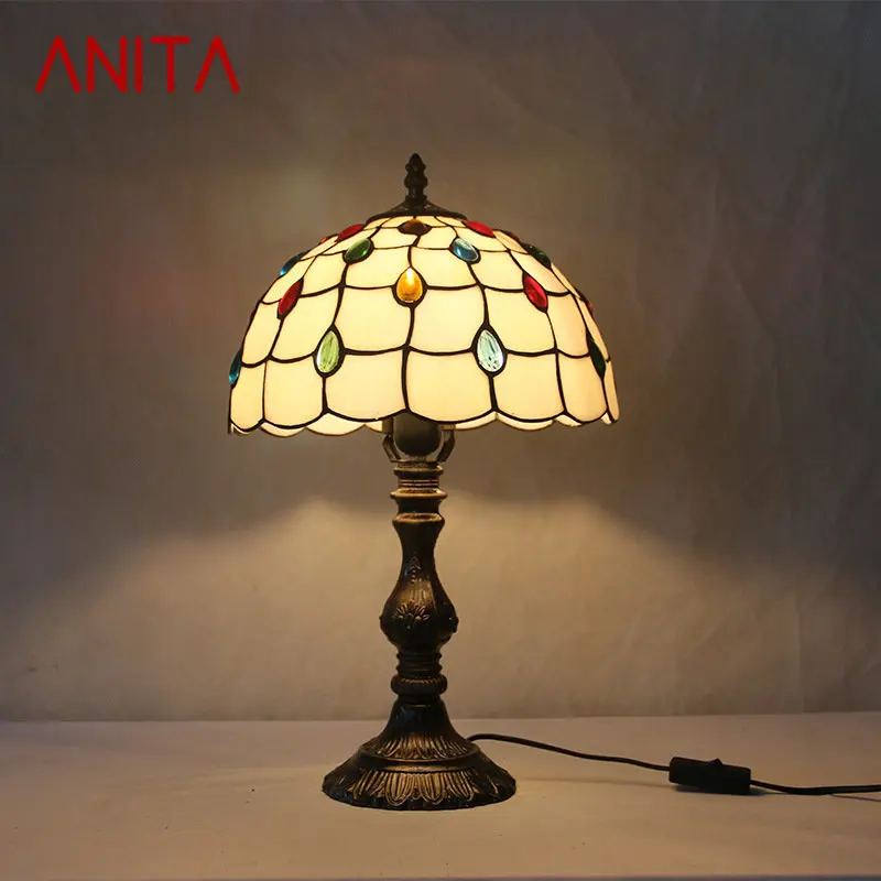 

ANITA Tiffany Glass Table Lamp LED Vintage Fashion Simple Desk Light Decor For Home Living Room Bedroom Bedside