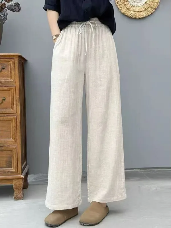 Women's Casual Cotton Drawstring Waist Elastic Wide Leg Pants Double Layered Loose Fit Straight Cut Autumn Fashion 2026