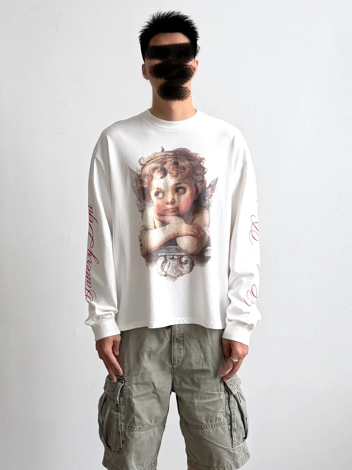 Retro American Casual Pixel Angel Print Loose Long Sleeve T-Shirt Men's Cotton Breathable Comfortable Vintage Style Tee